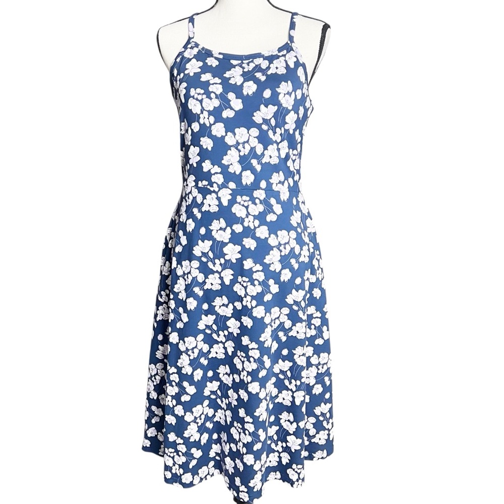 Pact Blue Floral Organic Cotton Sleeveless Fit & Flare Midi Dress Size L